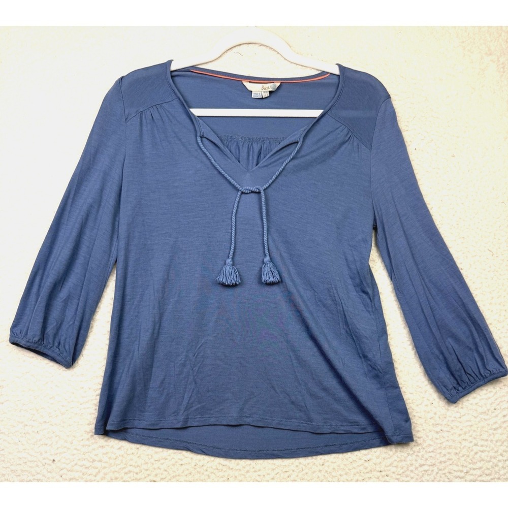 Boden Blouse Womens 2 Blue Tassel Tie V Neck 3/4 Sleeve Jersey Boho Peasant Top‎